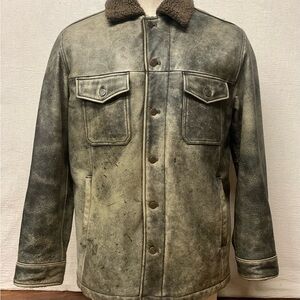 Men's Distressed Leather Jacket with Shearling Collar